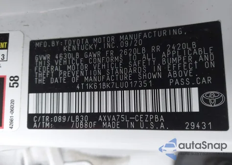 2020 Toyota Camry Xse Awd из США, поврежденный, VIN 4T1K61BK7LU017351